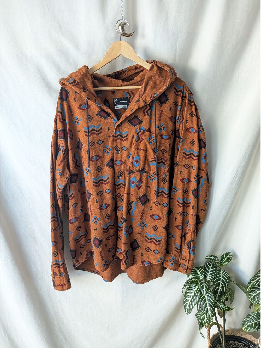 Original Use Men's XXL Hooded Pullover Shirt Jacket in Brown Aztec Print